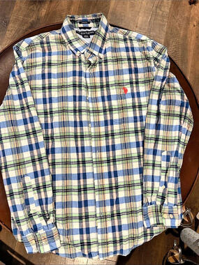 U.S. Polo Assn. Plaid Stretch Button Down in Blue & Green Size Large